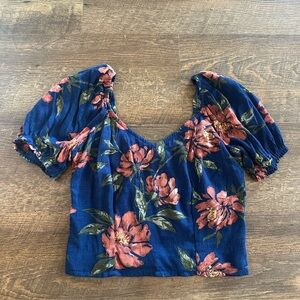 Abercrombie & Fitch Floral Puff Sleeve Blouse - Navy and Coral